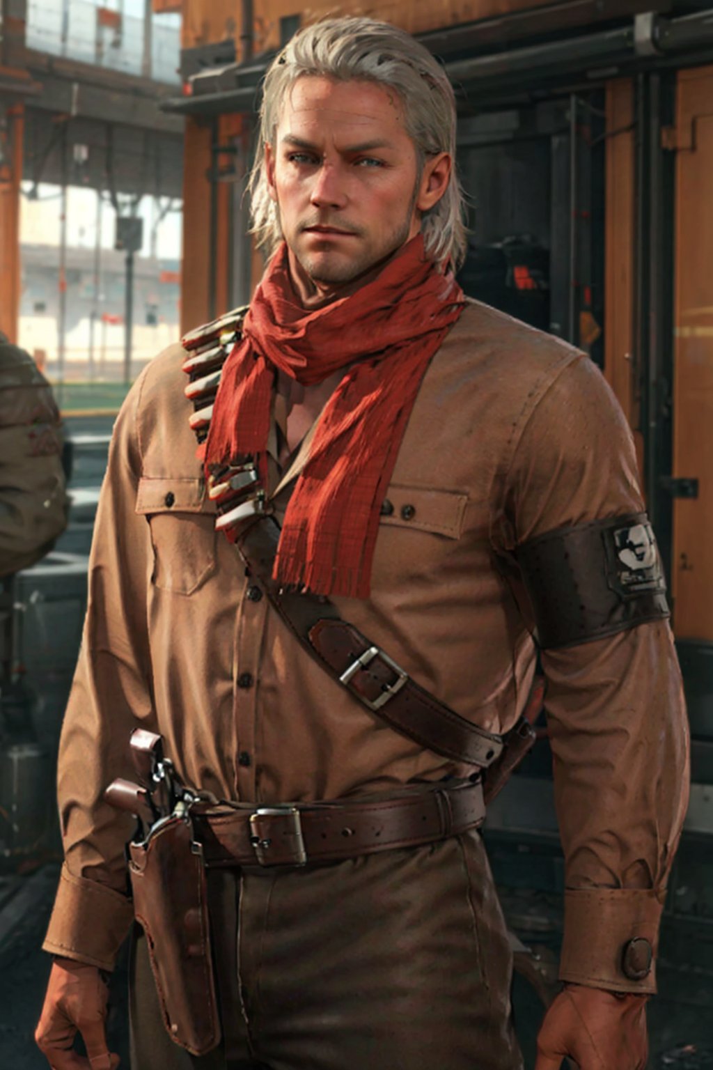 1boy, solo, Revolver Ocelot, Metal Gear Solid, 40 years old, grey eyes, white hair, stubble, red linen scarf, utility shirt, long sleeves, dark brown canvas pants, knee-high cowboy boots with spurs, red gloves, brown leather bandolier, belt, holster, handsome, mature, masculine, virile, confidence, charming, alluring, upper body in frame, Metal Gear Solid location, perfect anatomy, perfect proportions, 8k, HQ, (best quality:1.5, hyperrealistic:1.5, photorealistic:1.4, madly detailed CG unity 8k wallpaper:1.5, masterpiece:1.3, madly detailed photo:1.2), (hyper-realistic lifelike texture:1.4, realistic eyes:1.2), high_resolution, picture-perfect face, perfect eye pupil, detailed eyes,  perfecteyes, perfecteyes, dutch angle, cowboy shot