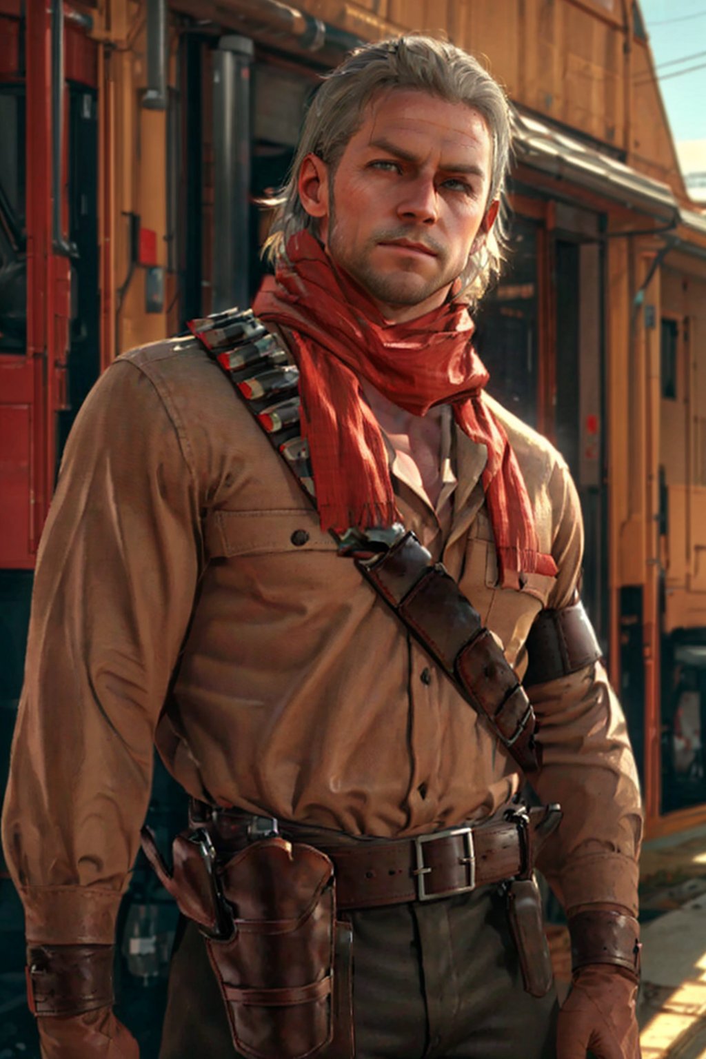 1boy, solo, Revolver Ocelot, Metal Gear Solid, 40 years old, grey eyes, white hair, stubble, red linen scarf, utility shirt, long sleeves, dark brown canvas pants, knee-high cowboy boots with spurs, red gloves, brown leather bandolier, belt, holster, handsome, mature, masculine, virile, confidence, charming, alluring, upper body in frame, (Afghanistan desert), sky, perfect anatomy, perfect proportions, 8k, HQ, (best quality:1.5, hyperrealistic:1.5, photorealistic:1.4, madly detailed CG unity 8k wallpaper:1.5, masterpiece:1.3, madly detailed photo:1.2), (hyper-realistic lifelike texture:1.4, realistic eyes:1.2), high_resolution, picture-perfect face, perfect eye pupil, detailed eyes,  perfecteyes, perfecteyes, dutch angle, dynamic