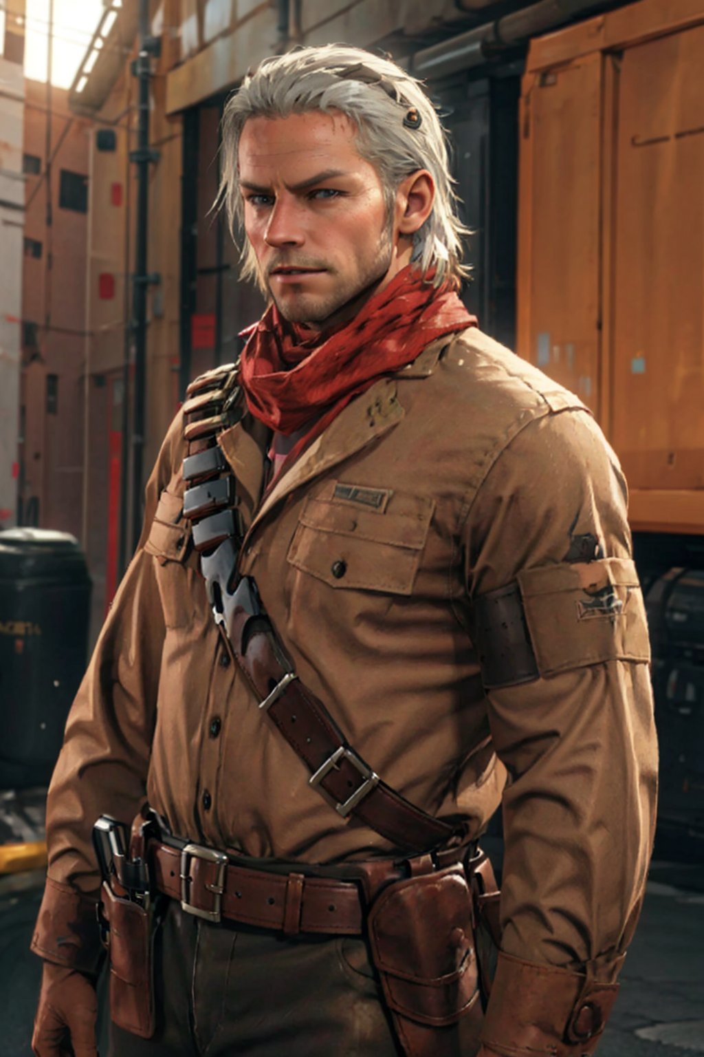 1boy, solo, Revolver Ocelot, Metal Gear Solid, 40 years old, grey eyes, white hair, stubble, red linen scarf, utility shirt, long sleeves, dark brown canvas pants, knee-high cowboy boots with spurs, red gloves, brown leather bandolier, belt, holster, handsome, mature, masculine, virile, confidence, charming, alluring, upper body in frame, Metal Gear Solid location, perfect anatomy, perfect proportions, 8k, HQ, (best quality:1.5, hyperrealistic:1.5, photorealistic:1.4, madly detailed CG unity 8k wallpaper:1.5, masterpiece:1.3, madly detailed photo:1.2), (hyper-realistic lifelike texture:1.4, realistic eyes:1.2), high_resolution, picture-perfect face, perfect eye pupil, detailed eyes,  perfecteyes, perfecteyes, dutch angle, cowboy shot