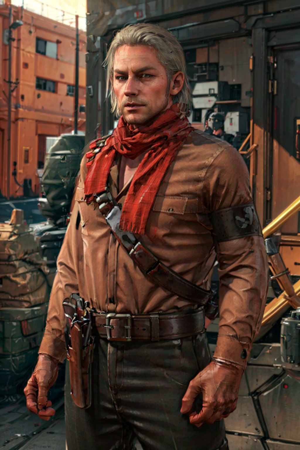 1boy, solo, Revolver Ocelot, Metal Gear Solid, 40 years old, grey eyes, white hair, stubble, red linen scarf, utility shirt, long sleeves, dark brown canvas pants, knee-high cowboy boots with spurs, red gloves, brown leather bandolier, belt, holster, handsome, mature, masculine, virile, confidence, charming, alluring, upper body in frame, Metal Gear Solid location, perfect anatomy, perfect proportions, 8k, HQ, (best quality:1.5, hyperrealistic:1.5, photorealistic:1.4, madly detailed CG unity 8k wallpaper:1.5, masterpiece:1.3, madly detailed photo:1.2), (hyper-realistic lifelike texture:1.4, realistic eyes:1.2), high_resolution, picture-perfect face, perfect eye pupil, detailed eyes,  perfecteyes, perfecteyes, dutch angle, cowboy shot