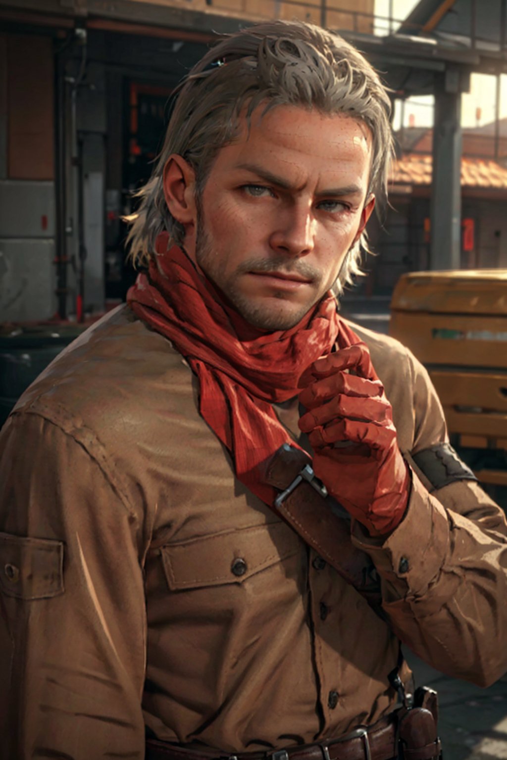 1boy, solo, Revolver Ocelot, Metal Gear Solid, 40 years old, grey eyes, white hair, stubble, red linen scarf, utility shirt, long sleeves, dark brown canvas pants, knee-high cowboy boots with spurs, red gloves, brown leather bandolier, belt, holster, handsome, mature, masculine, virile, confidence, charming, alluring, upper body in frame, Metal Gear Solid location, perfect anatomy, perfect proportions, 8k, HQ, (best quality:1.5, hyperrealistic:1.5, photorealistic:1.4, madly detailed CG unity 8k wallpaper:1.5, masterpiece:1.3, madly detailed photo:1.2), (hyper-realistic lifelike texture:1.4, realistic eyes:1.2), high_resolution, picture-perfect face, perfect eye pupil, detailed eyes,  perfecteyes, perfecteyes, dutch angle, cowboy shot