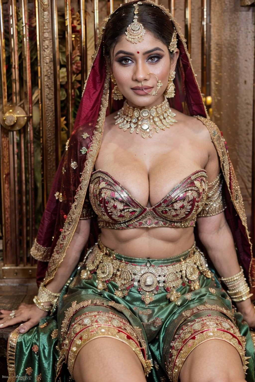 Amazingly beautiful indian bride with dazzling jewelry, ornate display, sitting coyly on a stool, curvy body, large breast, deep cleavage, strapless bra, beautifully done hair, masterpiece, uhd, best quality, shot with nikon 70 mm lens, wedding photography, realism