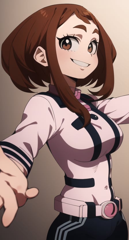 , best quality, ((a beautiful and detailed character portrait of ochako)), (high resolution), unity 8k wallpaper, (illustration:0.8), beautiful detailed eyes, best quality, high resolution, extremely detailed face, perfect lighting, extremely detailed CG, (perfect anatomy),(((( ochako uraraka)))),, ((((coffing style )))),cowboy shot,(1 girl), ((solo)), (horikoshi kohei style)((looking at viewer), (((dynamic pose))), (smile), ,coffing