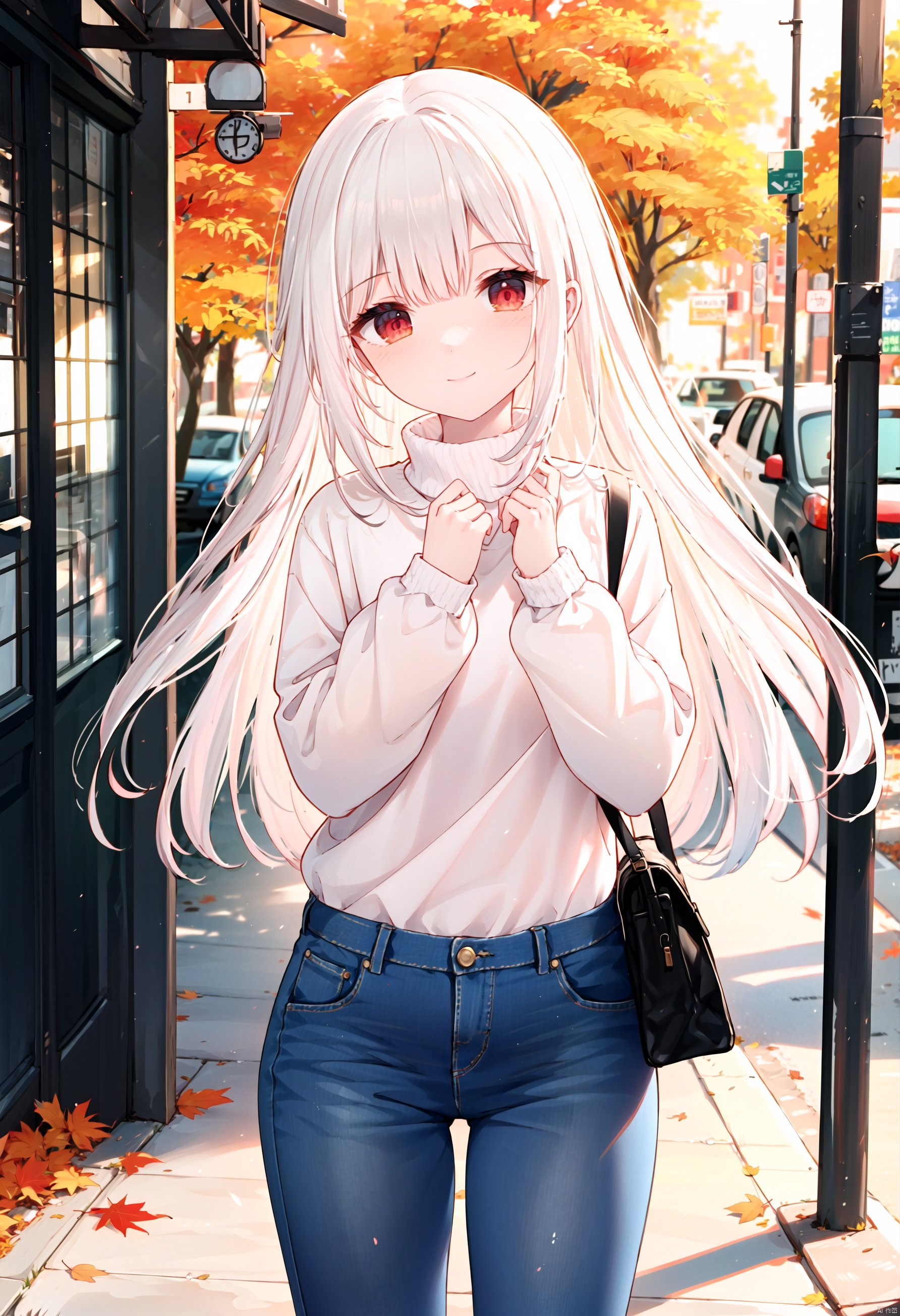  1girl, tender wifely, solo.detailed eyes, red eyes, white hair, long hair, bangs, white sweaters, turtlenecks sweaters, jeans;closed mouth, smile, standing, cowboy shot.autumn street, city walk, maple_leaves fallen, outdoors.