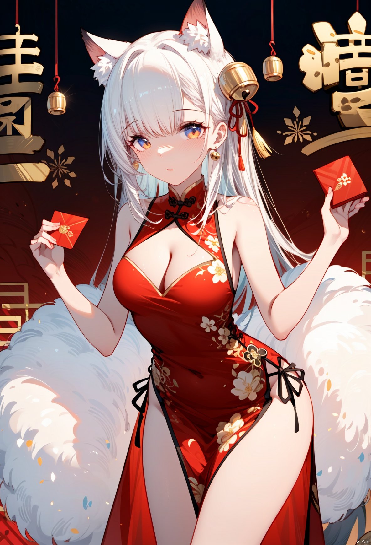 1girl,solo,long hair,breasts,looking at viewer,blush,bangs,white background,animal ears,bare shoulders,closed underwear,standing,flower,small breasts,sleeveless,alternate costume,cat ears,animal ear fluff,bare arms,clothing cutout,bell,leaning forward,sleeveless dress,shadow,chinese clothes,red dress,cleavage cutout,(china dress: 1.3),jingle bell,((Hands up, two hands holding a red paper written on the New Year message:1.1)),Hand on chest,2024 New Year message, happy new year