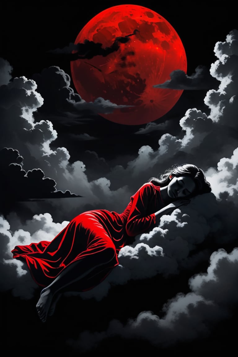 Silhouette, a girl sleeping in the clouds, moody sad dark atmosphere, black background, dark paintbrush, Red over black, 2D