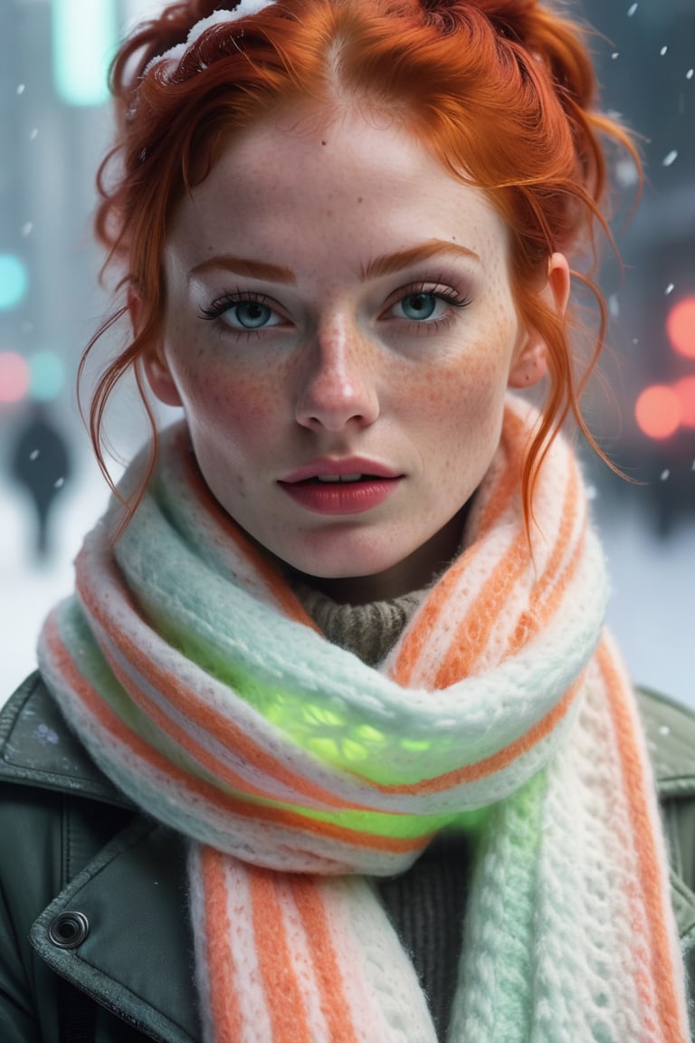 Face behind wooly scarf, Petite redhead Woman in snow, Freckles, face Closeup, face Hidden behind Pastell neon Striped wooly scarf, only blushed flirting eyes visiblevery Detailed, awesome Quality, reflecting, luminescent, translucent, Ethereal, Aura, 80s DARK dystopian Blade Runner Flair, very detailed, uhd, masterpiece, White smoke, light beams through smoke,
