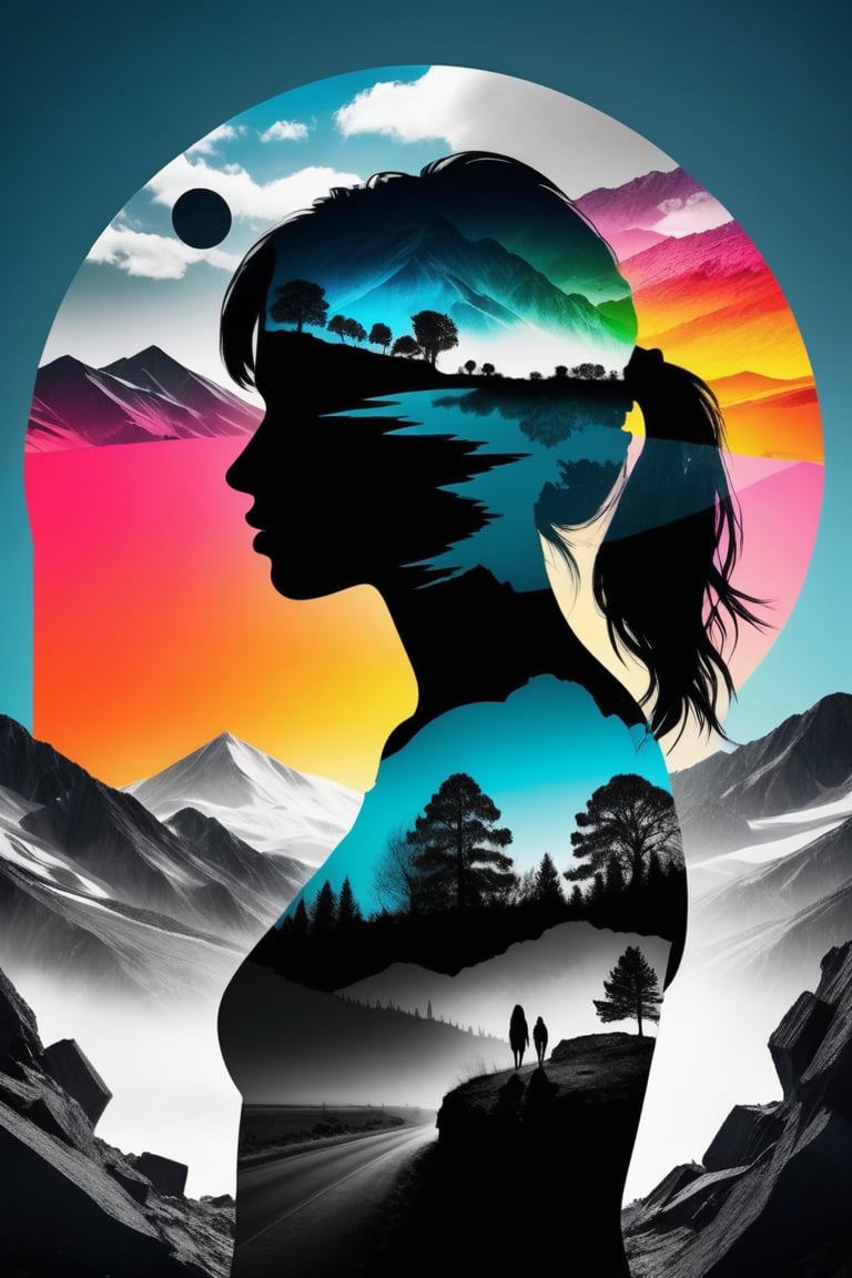 Masterpiece double exposure of a girl silhouette with monochrome apocalypse aftermath and a colorful natural landscape in the underlying backdrop, sharp contrast, detailed crisp lines, in focus, double exposure, by Skyrn99, high quality, high detail, high resolution