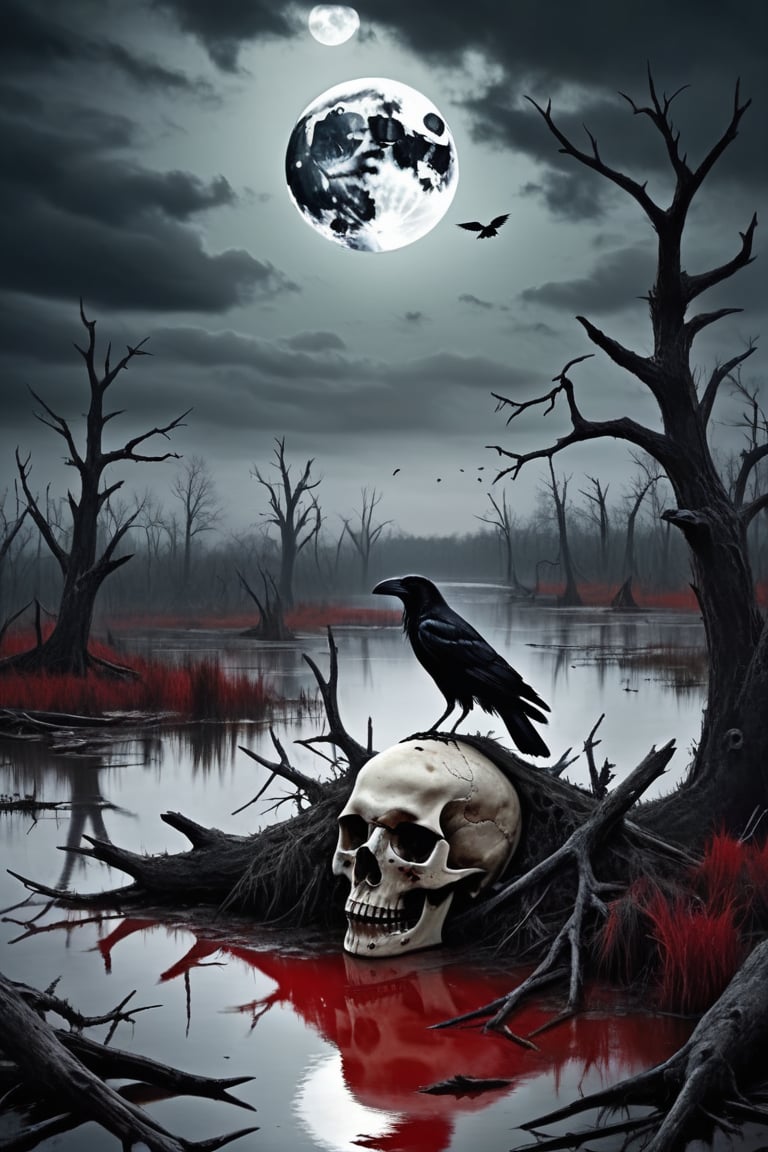 a swamp under a gloomy sky, with a crow perched on a decayed skull. The full moon behind the crow makes its eyes glow red. Use a dark eerie atmosphere