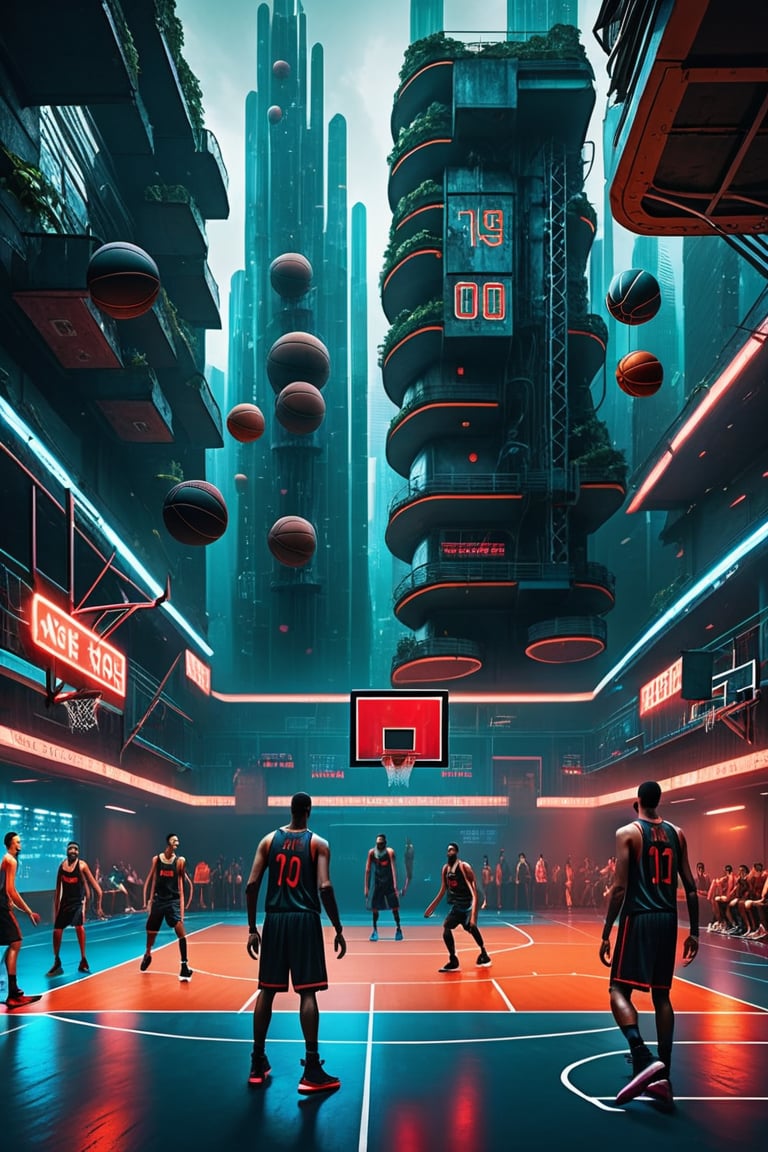 basketball court inside a altered carbon city