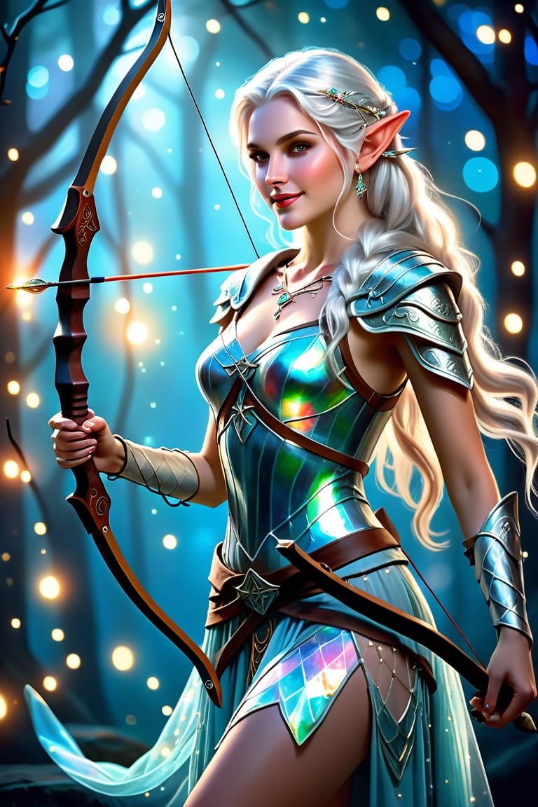 a remarkable and vivid depiction evoking both awe and melancholy, this image captures the essence of a high elven archer. intricately decorated outfit, short skirt, playful body manipulations, divine proportion, non-douche smile, gaze into the camera, it showcases the lady's ethereal beauty, her luminous silver hair cascading in gentle waves, adorned with delicate pearls that shimmer like stars in the night sky. holographic shimmer, Whimsical lighting, Enchanted ambiance, Soft textures, Imaginative artwork, Ethereal glow, Silent Luminescence, Whispering Silent, Iridescent Encounter, vibrant background, by Skyrn99, full body, (((rule of thirds))), high quality, high detail, high resolution, (bokeh), backlight, long exposure:2