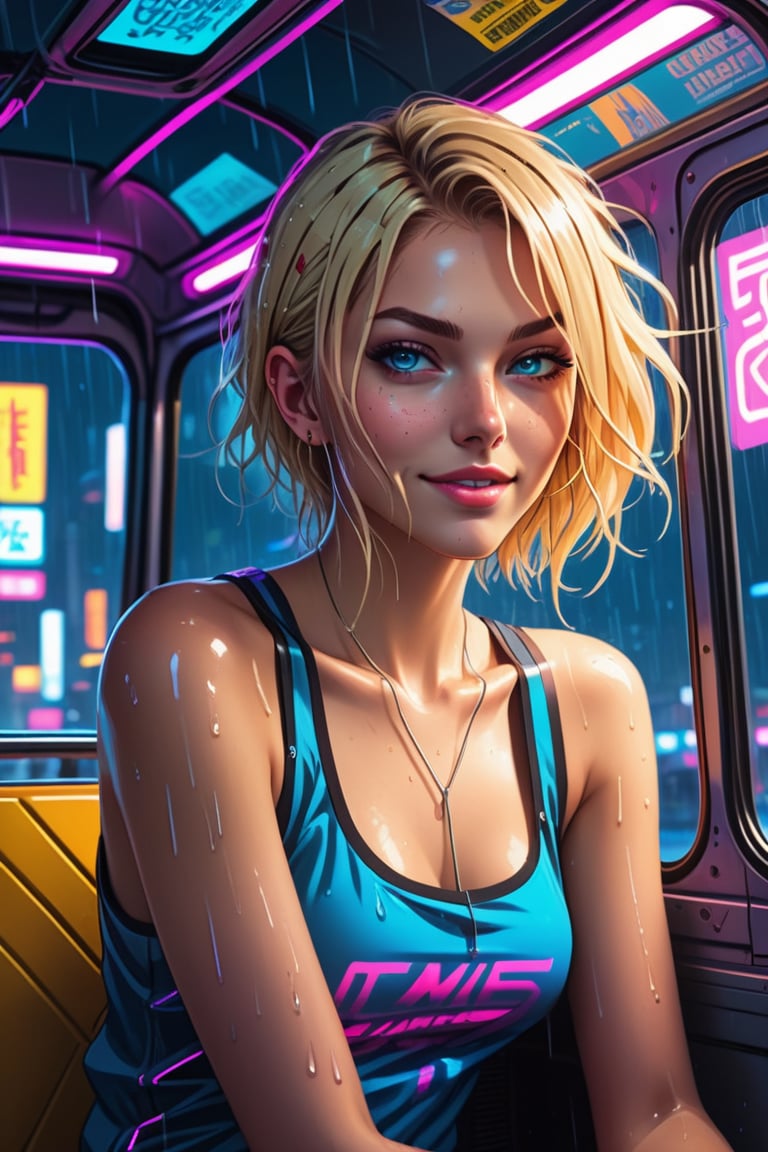 Line art anime style inspired by Code Geass of a woman sitting inside a cyberpunk-inspired bus, wet light blonde hair, blue eyes, (smile:0.6), short tank top, (looking intently at viewer with focus on her eyes), flat colors, motion blur, negative space, (busy and overwhelmingly futuristic-dystopian bus at night with neon lights and advertisements everywhere), raining outside, synthwave inspiration and dark outlines, neon lights in background, ((detailed)), ((beautiful))