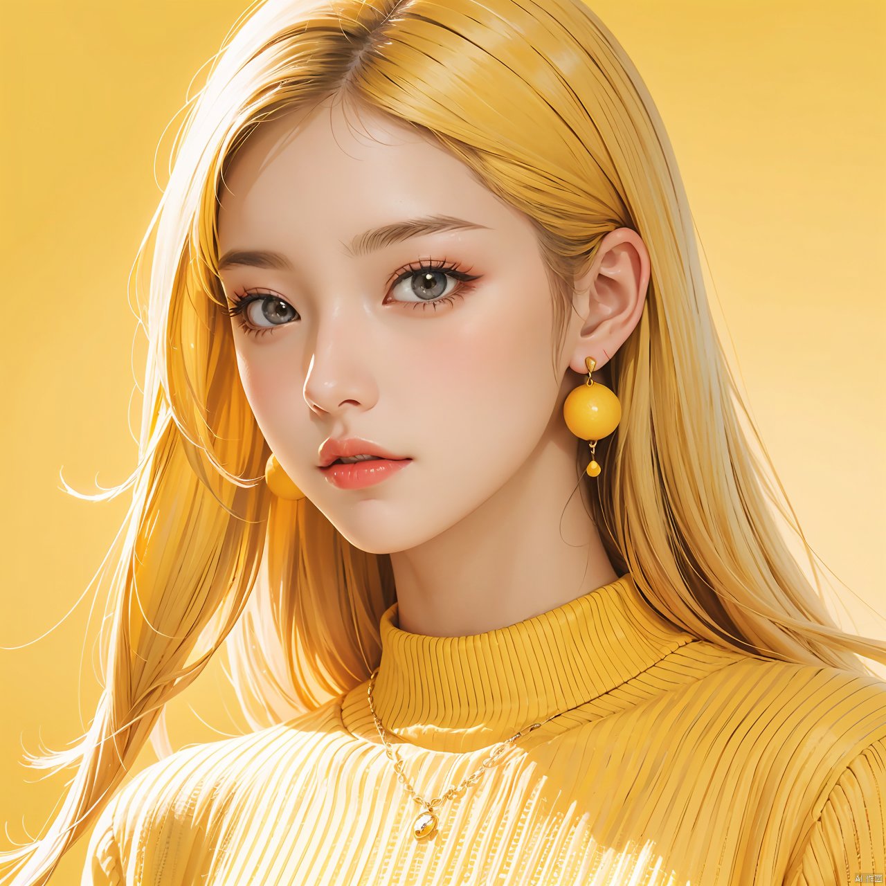 illustrator, anime, realistic, 1girl, lip, Sweater, order, Yellow gradient background, Yellow hair, Textured crop, Canadian, (masterpiece, best quality), Lemon earrings