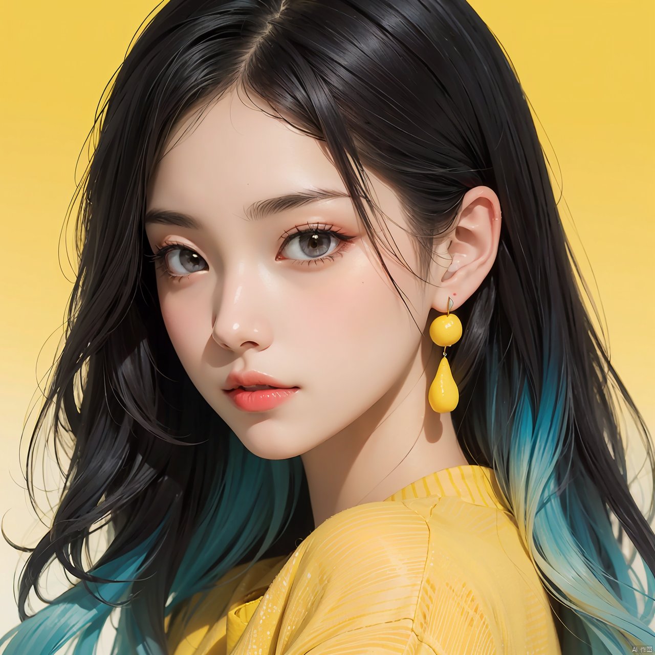 illustrator, anime, realistic, 1girl, lip, Sweater, order, Yellow gradient background, Neon hair, Textured crop, Canadian, (masterpiece, best quality), Lemon earrings