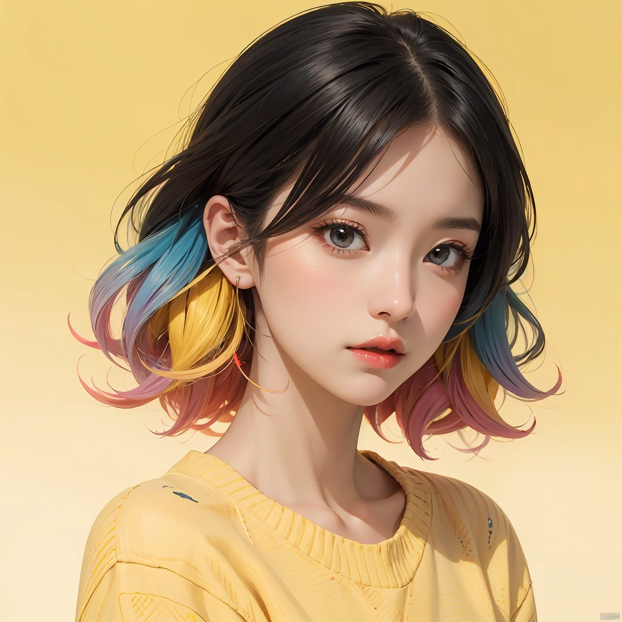 illustrator, anime, realistic, 1girl, lip, Sweater, order, Yellow gradient background, Neon hair, Textured crop, Canadian, (masterpiece, best quality)