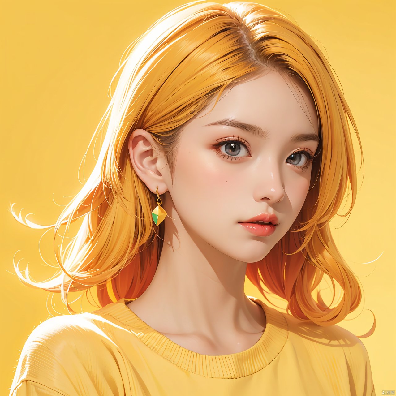 illustrator, anime, realistic, 1girl, lip, Sweater, order, Yellow gradient background, Neon hair, Textured crop, Canadian, (masterpiece, best quality), Lemon earrings