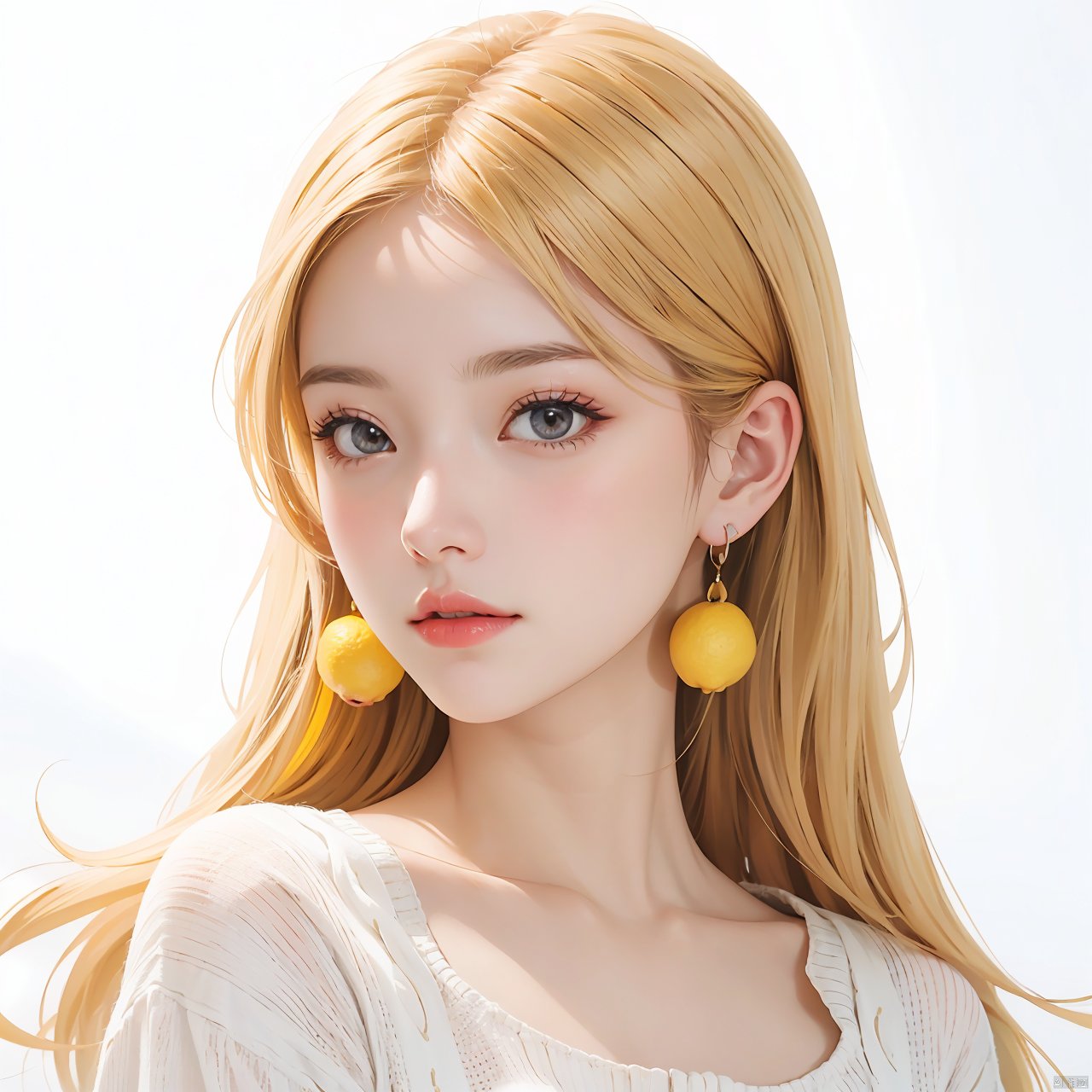 illustrator, anime, realistic, 1girl, lip, Sweater, order, white gradient background, Yellow hair, Textured crop, Canadian, (masterpiece, best quality), Lemon earrings