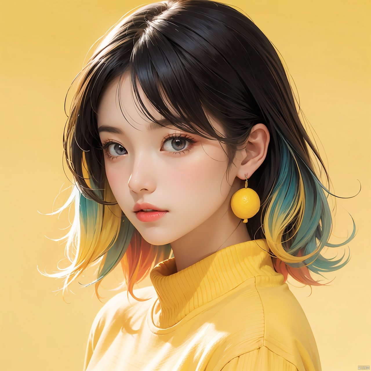 illustrator, anime, realistic, 1girl, lip, Sweater, order, Yellow gradient background, Neon hair, Textured crop, Canadian, (masterpiece, best quality), Lemon earrings