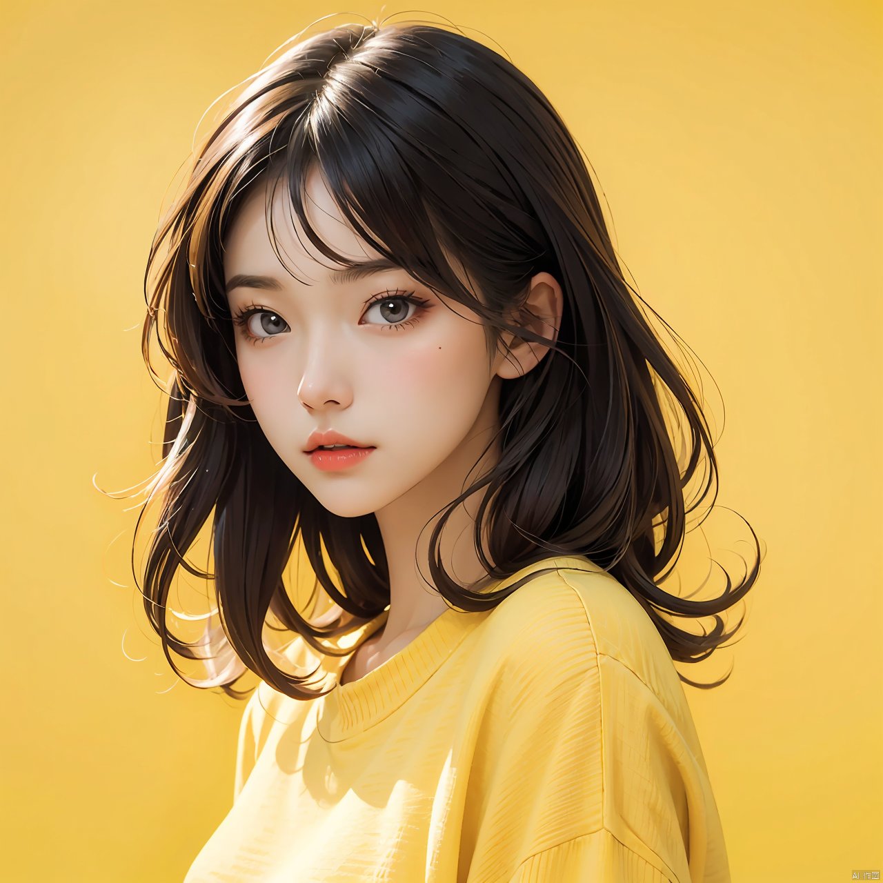 illustrator, anime, realistic, 1girl, lip, Sweater, order, Yellow gradient background, Neon hair, Textured crop, Canadian, (masterpiece, best quality)