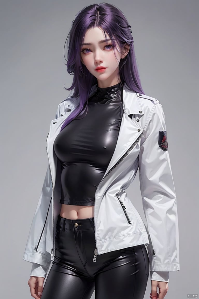  ,purple hair,purple eyes,white jacket,Black jacket, black leather pants