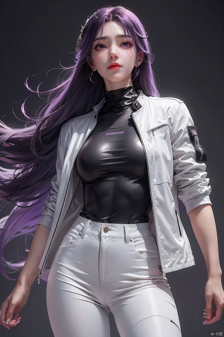  ,purple hair,purple eyes,white jacket,Black jacket, black leather pants