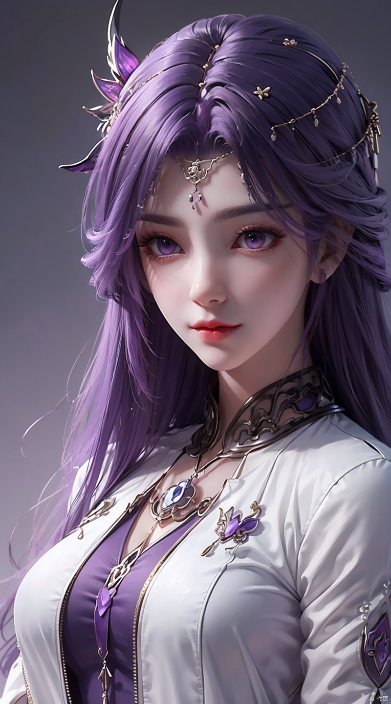  upper_body,purple hair,purple eyes,white jacket, yunxi,1girl