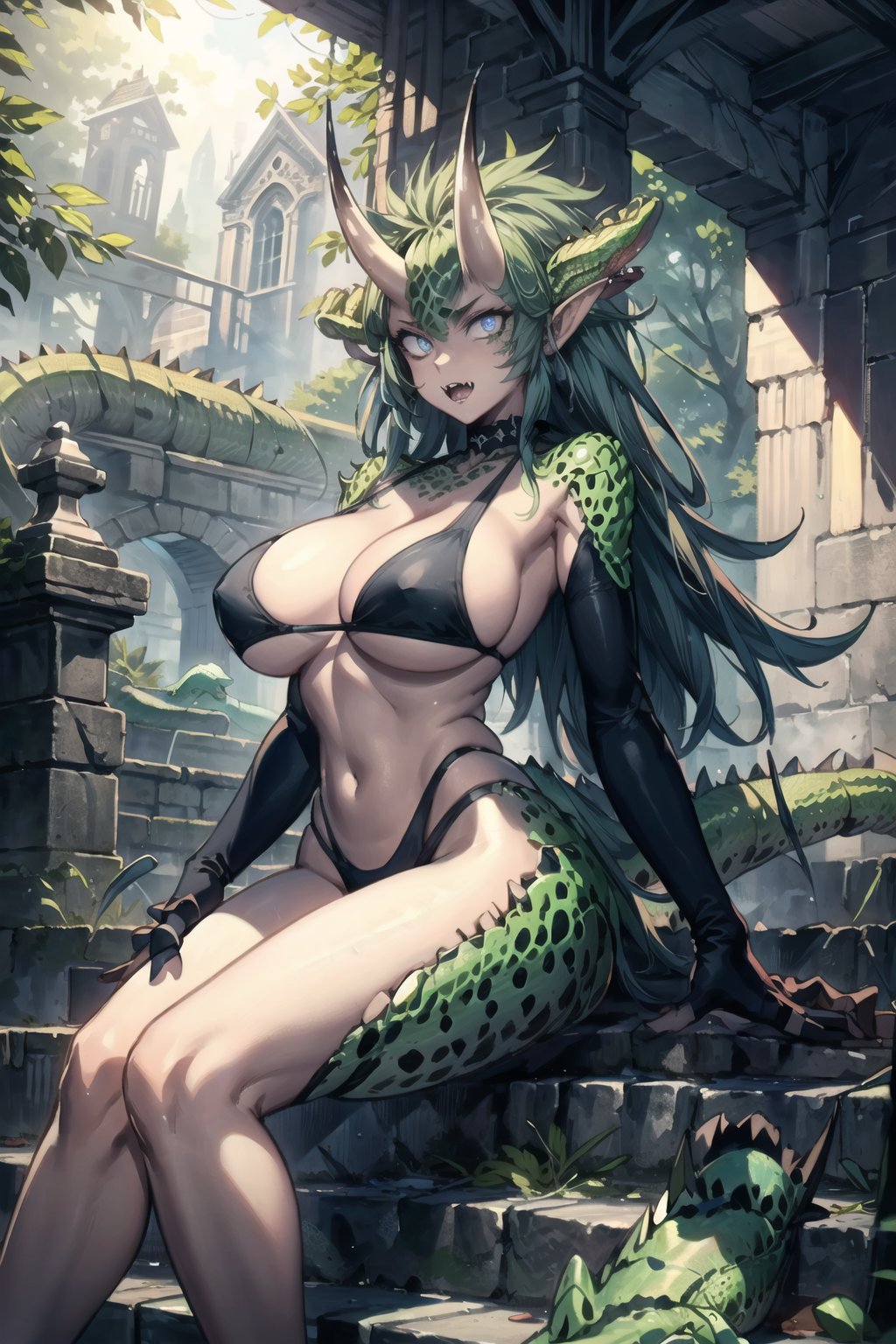 (masterpiece),illustration,ray tracing,finely detailed,best detailed,Clear picture,intricate details,highlight
photorealistic,

gothic architecture,
looking at viewer,

large breasts,redundant breasts,Big boobs,
oval face,

nature,gothic architecture,bird,
the lakeside in the heart of the forest,
the staircase of the balcony,

opm_Raptora,
double horn,bikini,
slit pupils,
dragon teeth,fangs,
spot skin,
(lizard tail:1.5),
close mouth,
long hair,
lanky,
sitting,