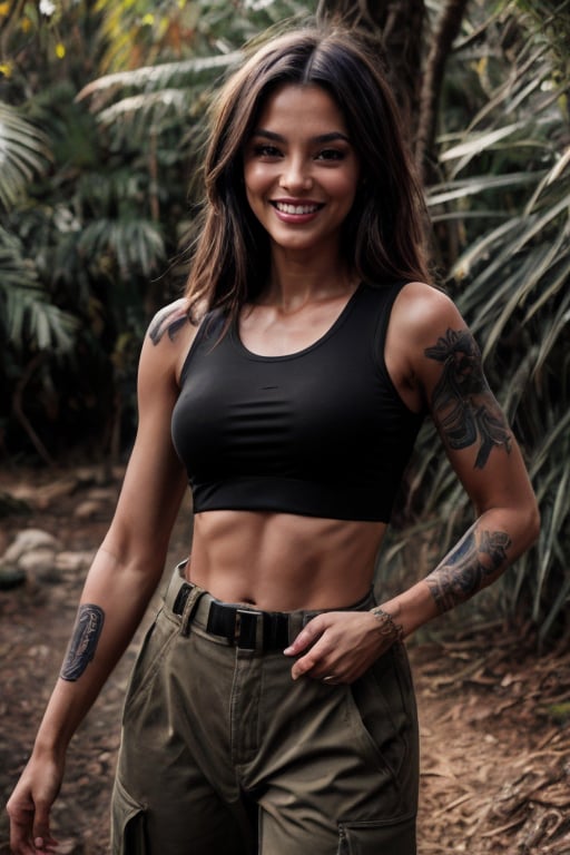 a very beautiful, attractive and sexy female soldier, wearing very wide military pants, a black sports top, completely tattooed left arm, looking at the camera, smiling, jungle, sunlight filters through the trees, beautiful volumetric lighting, good lighting, perfect lighting, sharp focus, bokeh, photorealistic