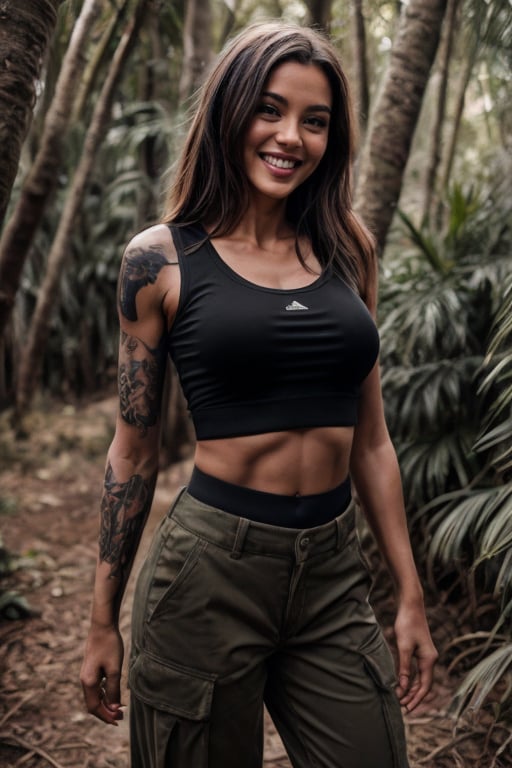 a very beautiful, attractive and sexy female soldier, wearing very wide military pants, a black sports top, completely tattooed left arm, looking at the camera, smiling, jungle, sunlight filters through the trees, beautiful volumetric lighting, sharp focus, bokeh, photorealistic