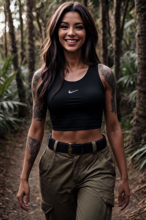 a very beautiful, attractive and sexy female soldier, wearing very wide military pants, a black sports top, completely tattooed left arm, looking at the camera, smiling, jungle, sunlight filters through the trees, beautiful volumetric lighting, good lighting, perfect lighting, sharp focus, bokeh, photorealistic