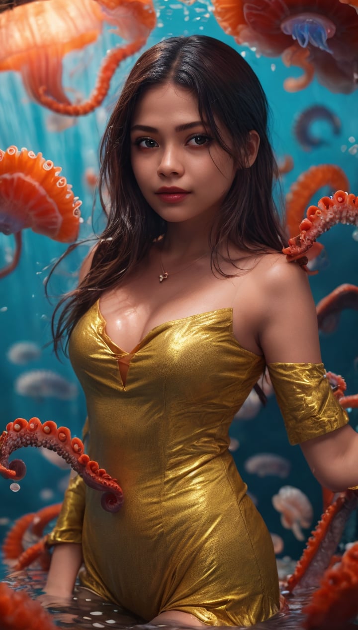 best quality,Amazing,Beautiful golden eyes,finely detail,Depth of field,extremely detailed CG unity 8k wallpaper,(1 girl :1.5),Deep sea background,jellyfish,masterpiece,fluttered detailed splashs, beautiful detailed water,cosmic eyes,Shock sensation,(realistic :0.5),octopus,original