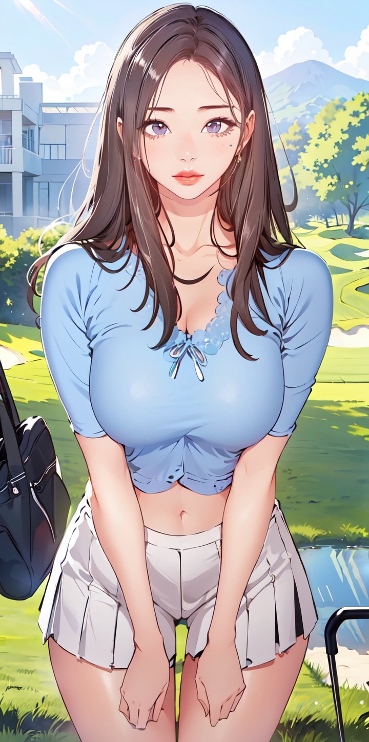 1 girl, detailed face, a woman with long black hair, smile, ((golf course, green grass, outdoor scene)), (((oceanview golf course))), (light), led lighting, magnificent light, close up, portrait, upperbody, RAW, (intricate details:1.3), (best quality:1.3), (masterpiece:1.3), (hyper realistic:1.3), best quality, 1 girl, ultra-detailed, ultra high resolution, very detailed mphysically based rendering, dynamic angle, dynamic pose, wind, 8K UHD, Vivid picture, High definition, intricate details, detailed texture, finely detailed, high detail, extremely detailed cg, High quality shadow, a realistic representation of the face, beautiful detailed, (high detailed skin, skin details), slim waist, beautiful and realistic and detailed hands and fingers:1, best ratio four finger and one thumb, (detailed face, detailed eyes, beautiful face), ((korean beauty, kpop idol, ulzzang, korean celebrity, korean cute, korean actress, korean, a beautiful 18 years old beautiful korean girl)), (high detailed skin, skin details), Detailed beautiful delicate face, Detailed beautiful delicate eyes, a face of perfect proportion, (beautiful and realistic and detailed hands and fingers:1.3), (Big breasts:1.3), (full body shot:1.3), (long legs:1.3), (sparkling eyes:1.3), (sparkling lips:1.3), taken by Canon EOS, SIGMA Art Lens 35mm F1.4, ISO 200 Shutter Speed 2000, Vivid ((korean beauty, kpop idol, ulzzang, korean celebrity, korean cute, korean actress, korean, 인스타 여신:1.3, a beautiful 18 years old beautiful korean girl)), (blue eye), (black long hair),chanel_jewelry, chanel_bag, vancleef_necklace,Nice legs and hot body, see-through,hourglass bodyshape ,white_miniskirt, golf miniskirt,  golfer,  golf swing, golf course, green field, ,photorealistic,Anitoon