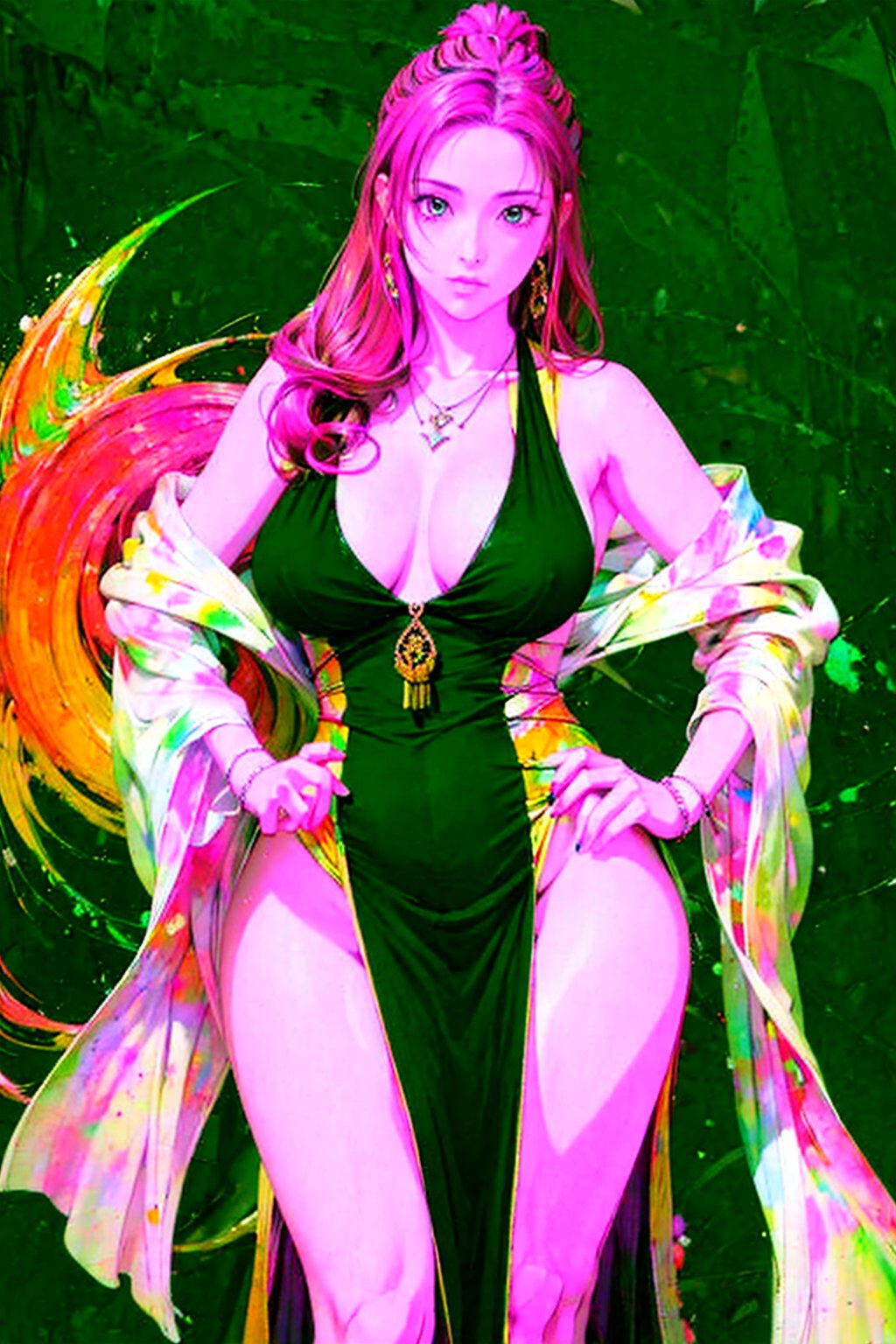 1girl, solo, Sayaka Ichinose, oil painting, impasto, looking at viewer, a beautiful woman, 32 years old, she has orange_red hair, green eyes, a beautiful face. She has a  big breasts, wide hips, wide thighs. tribal necklace, ((fantasy full_color outfit)), ((full_color psychedelic  background)), masterpiece, nijistyle, niji, sciamano240, soft shading, 1girl, Sayaka Ichinose