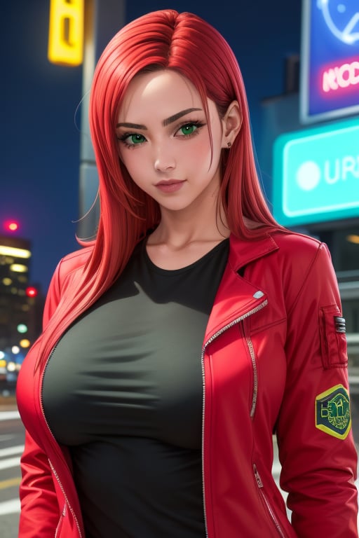 Sayaka wearing a black t-shirt, red jacket. She has a long Red_Orange hair. green eyes.  big breasts, firm breasts, In the background a night city with neon lights, interactive elements, very detailed, ((Detailed face)), ((Detailed Half body)), Color Booster,  sciamano240, sayaka