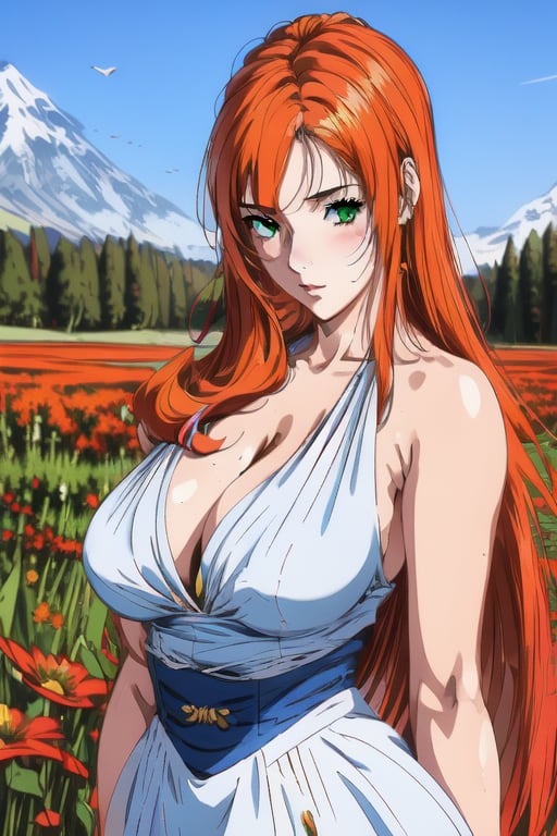 a close-up, Sayaka Ichinose is a beautiful woman, 30 years old, beautiful face, ((detailed face)), bbw, with long straight red-orange hair, green eyes, pale skin, big breasts, large breasts, tight clothing. in the background a field of diverse flowers and blue sky. High quality, high level of detail. sciamano240, ,midjourney, 1girl, sayaka