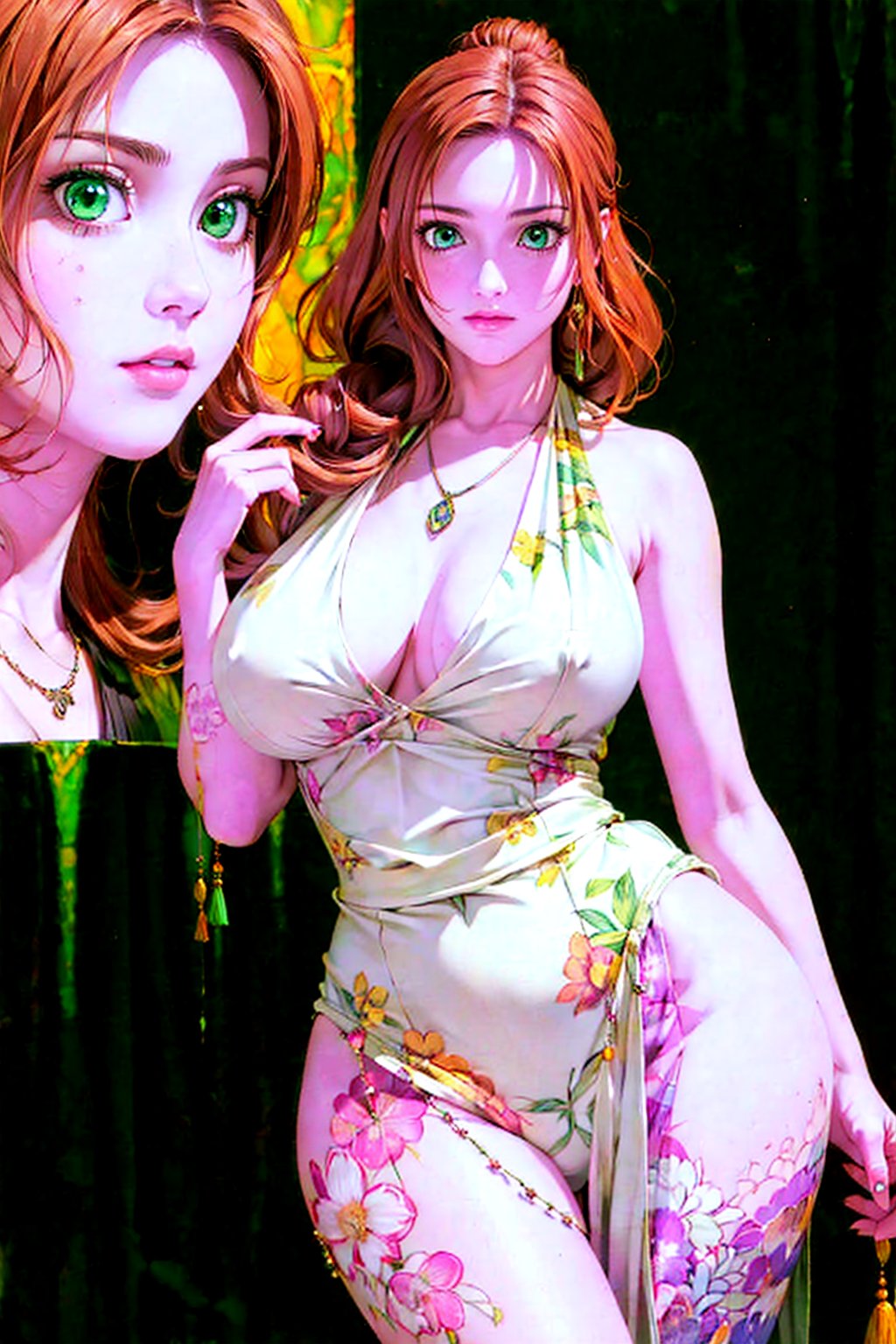 1girl, solo, Sayaka Ichinose, oil painting, impasto, looking at viewer, a beautiful woman, 32 years old, she has pure_orange hair, green eyes, a beautiful face. She has a  big breasts, wide hips, wide thighs. tribal necklace, ((fantasy full_color outfit)), ((full_color psychedelic  background)), masterpiece, nijistyle, niji, sciamano240, soft shading, 1girl, Sayaka Ichinose