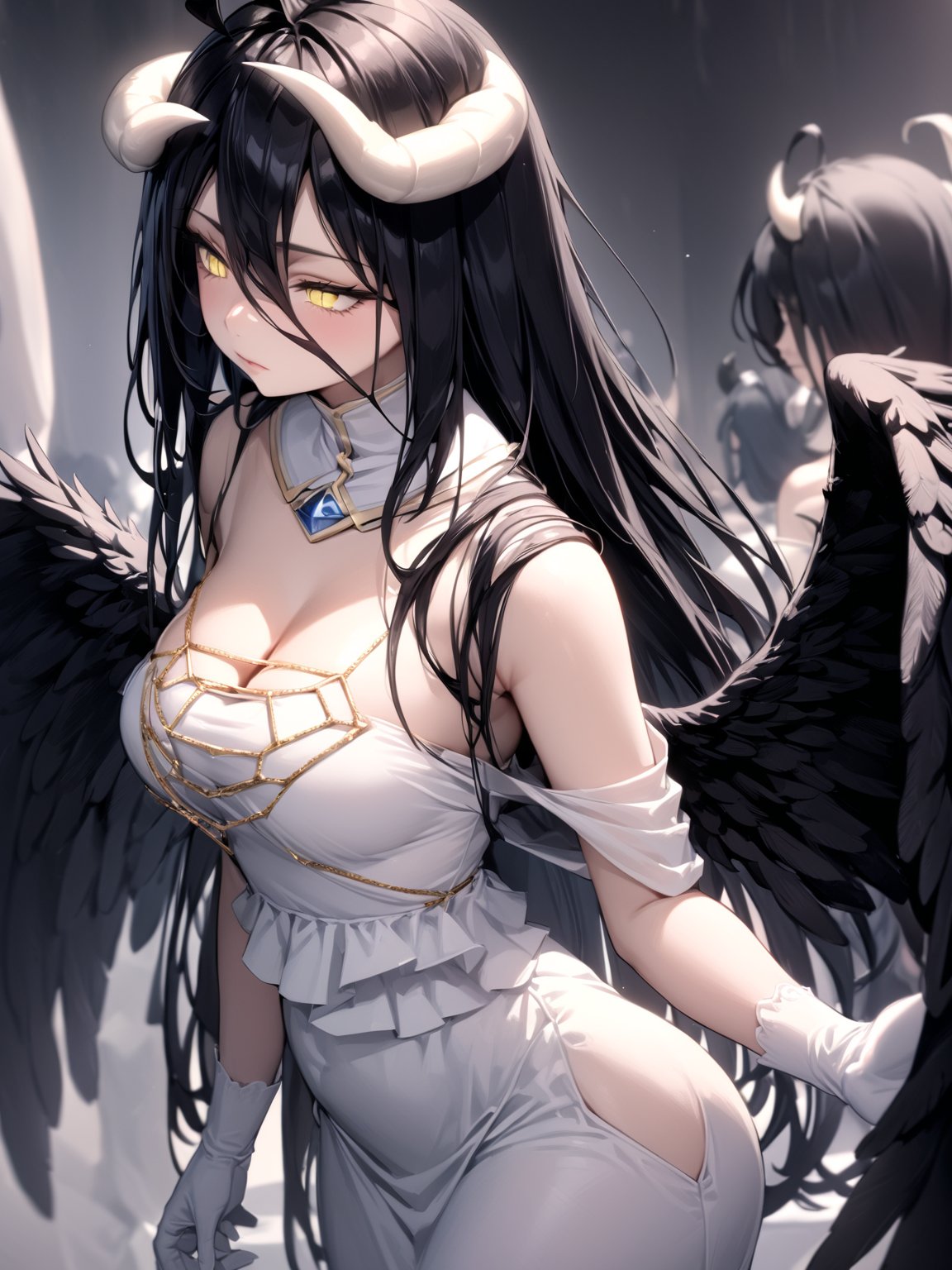 //Quality,
masterpiece, best quality, detailed
,//Character,
1girl, solo
,//Fashion,
,//Background,
,//Others,
,albedo \(overlord\), 1girl, long hair, black hair, hair between eyes, yellow eyes, horns, ahoge, white gloves, white dress, bare shoulders, detached collar, cleavage, slit pupils, black wings, feathered wings, low wings, from_side