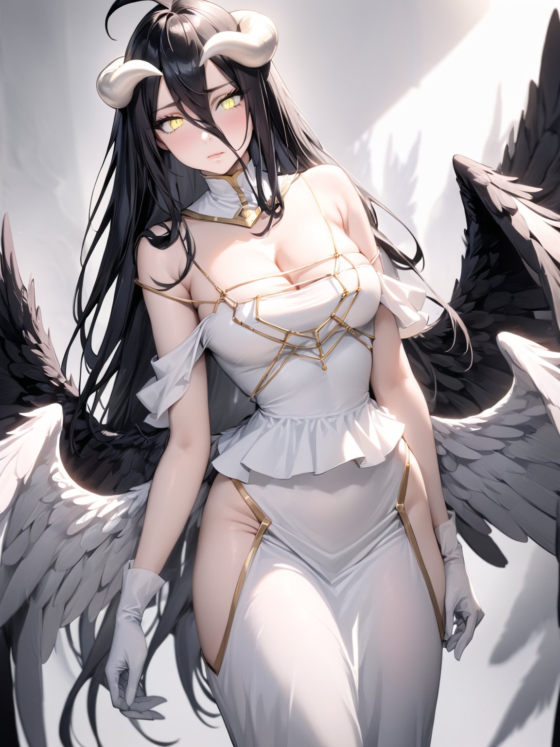 //Quality,
masterpiece, best quality
,//Character,
1girl, solo
,//Fashion,
,//Background,
,//Others,
,albedo \(overlord\), 1girl, long hair, black hair, hair between eyes, yellow eyes,  horns, ahoge, white gloves, white dress, bare shoulders, detached collar, cleavage, slit pupils, black wings, feathered wings, low wings