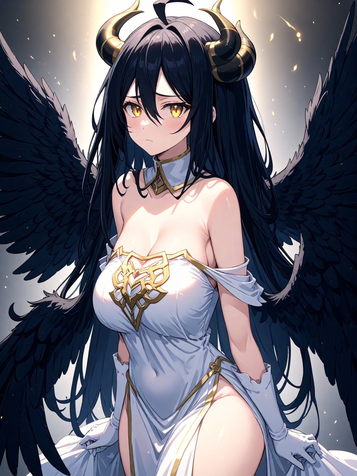 //Quality,
masterpiece, best quality, detailed
,//Character,
1girl, solo
,//Fashion,
,//Background,
,//Others,
,albedo \(overlord\), 1girl, long hair, black hair, hair between eyes, yellow eyes, horns, ahoge, white gloves, white dress, bare shoulders, detached collar, cleavage, slit pupils, black wings, feathered wings, low wings,<lora:659095807385103906:1.0>