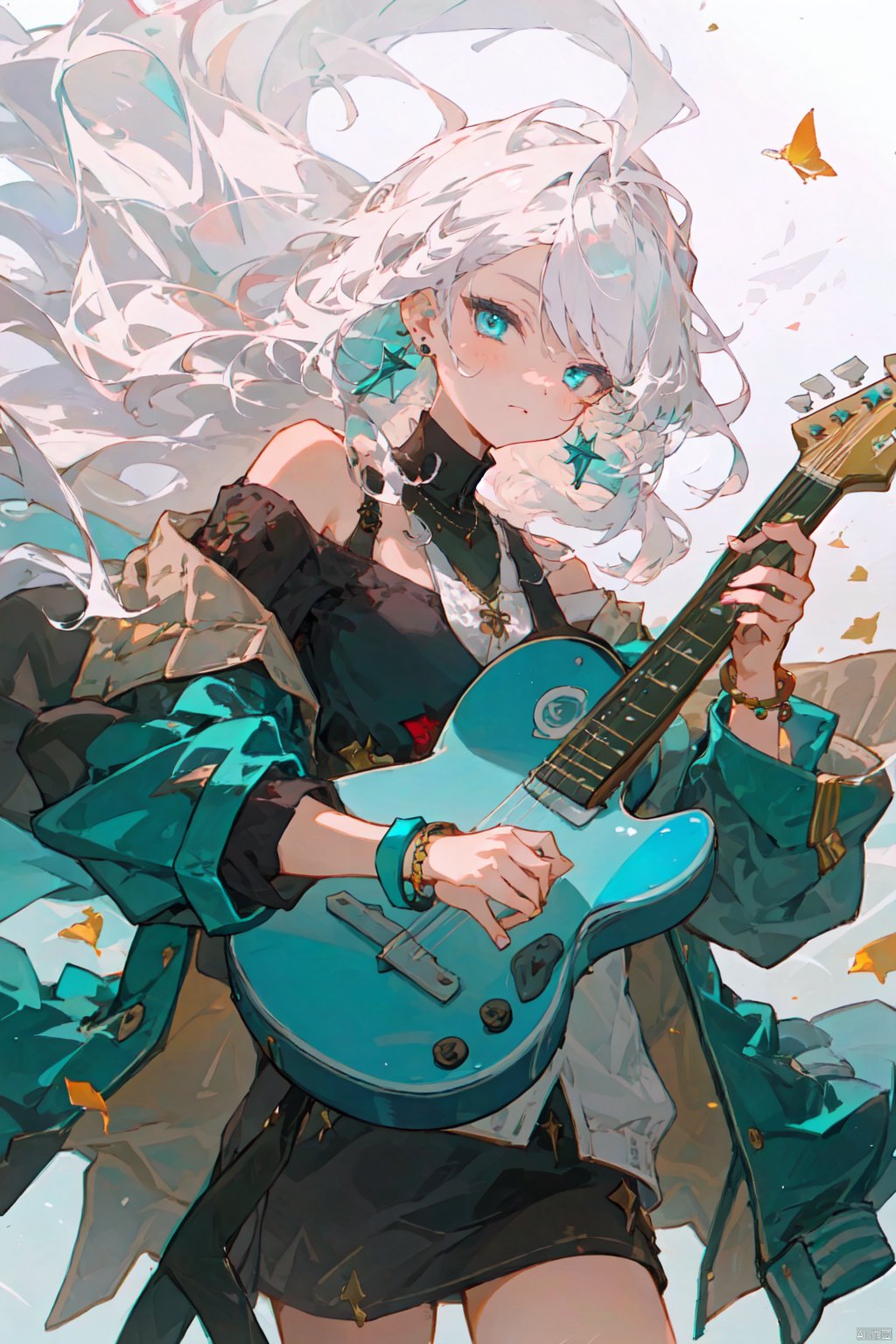  1girl, solo, long hair, looking at viewer, bangs, white background, holding, jewelry, jacket, upper body, white hair, earrings, off shoulder, bracelet, aqua eyes, floating hair, instrument, music, guitar, playing instrument, holding instrument, electric guitar, plectrum