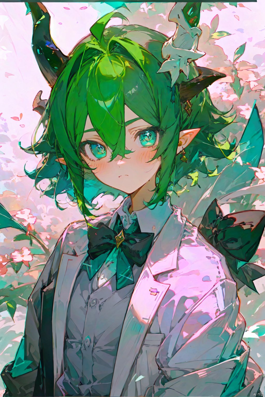 1girl, solo, looking at viewer, blush, short hair, bangs, shirt, bow, hair between eyes, jewelry, closed mouth, green eyes, jacket, white shirt, upper body, green hair, horns, pointy ears, collared shirt, bowtie, necklace, aqua eyes, black bow, white jacket