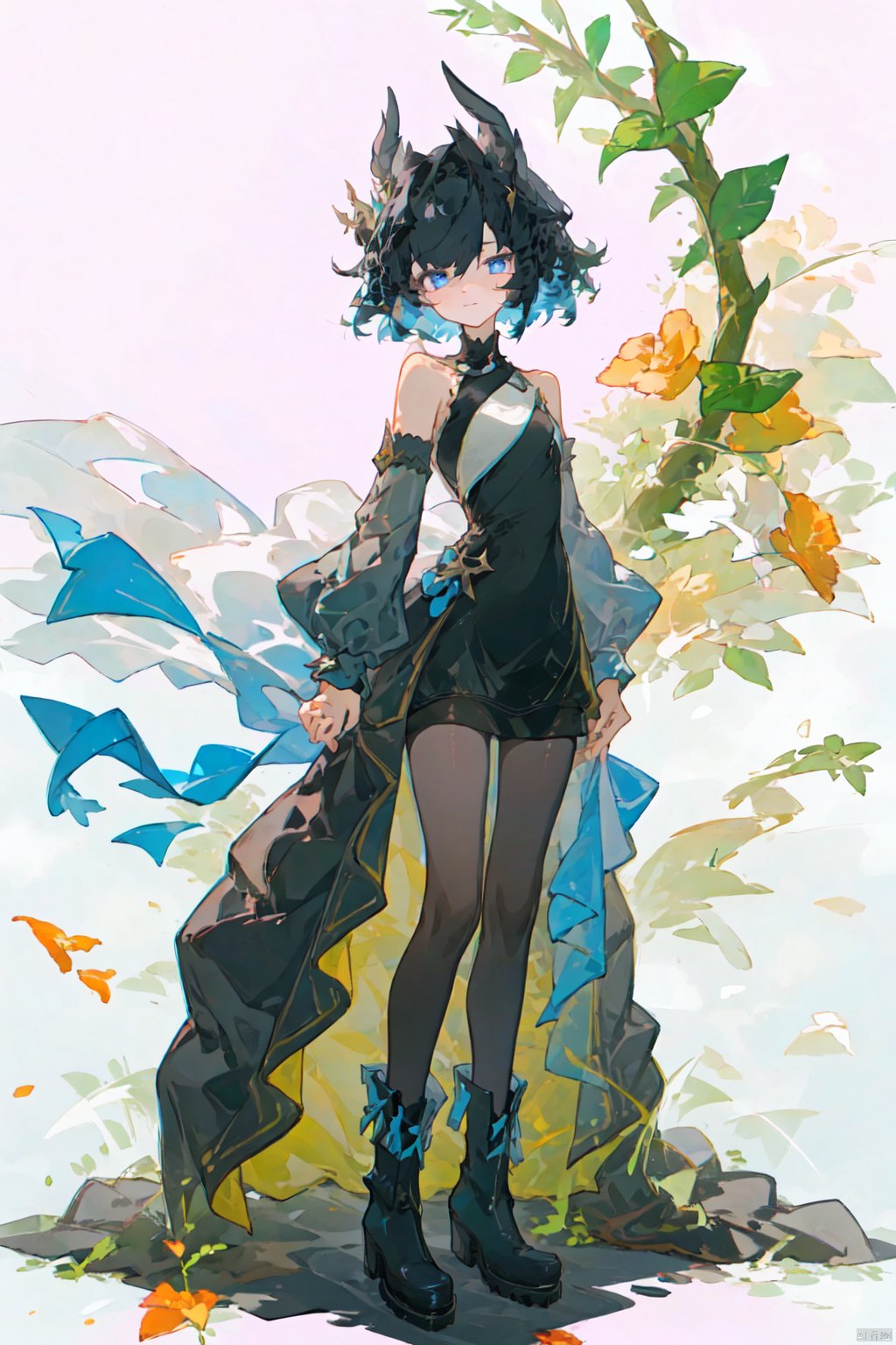  1girl, solo, looking at viewer, short hair, bangs, blue eyes, simple background, black hair, long sleeves, white background, dress, bare shoulders, closed mouth, standing, full body, boots, detached sleeves, sleeveless, puffy sleeves, black footwear, black dress, sleeveless dress, short dress, puffy long sleeves