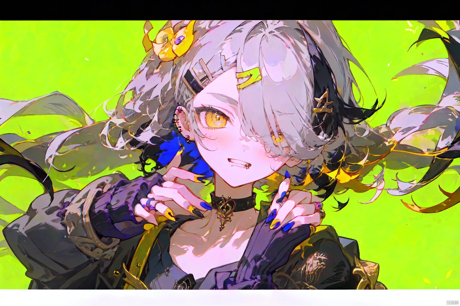 1girl, solo, looking at viewer, bangs, black hair, hair ornament, long sleeves, jewelry, yellow eyes, grey hair, multicolored hair, choker, hairclip, nail polish, sleeves past wrists, piercing, ring, letterboxed, ear piercing, portrait, yellow background, yellow nails, yellow theme, covering one eye