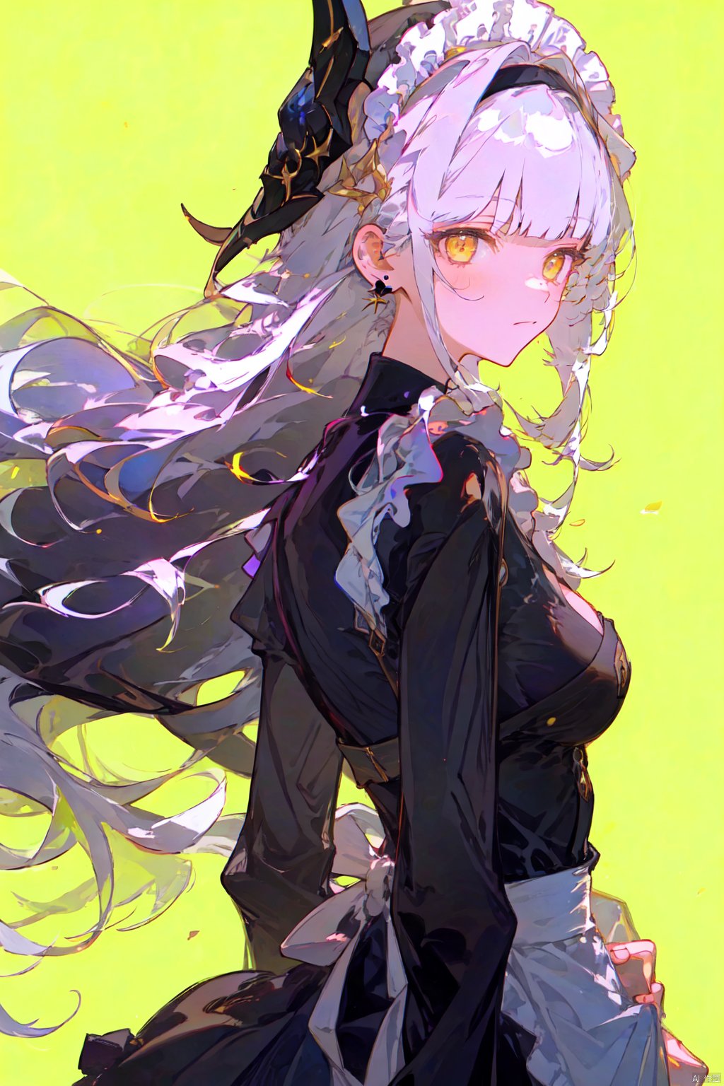 1girl, solo, long hair, breasts, looking at viewer, bangs, simple background, long sleeves, dress, jewelry, closed mouth, yellow eyes, upper body, white hair, hairband, earrings, frills, blunt bangs, black dress, from side, looking to the side, maid, maid headdress, yellow background