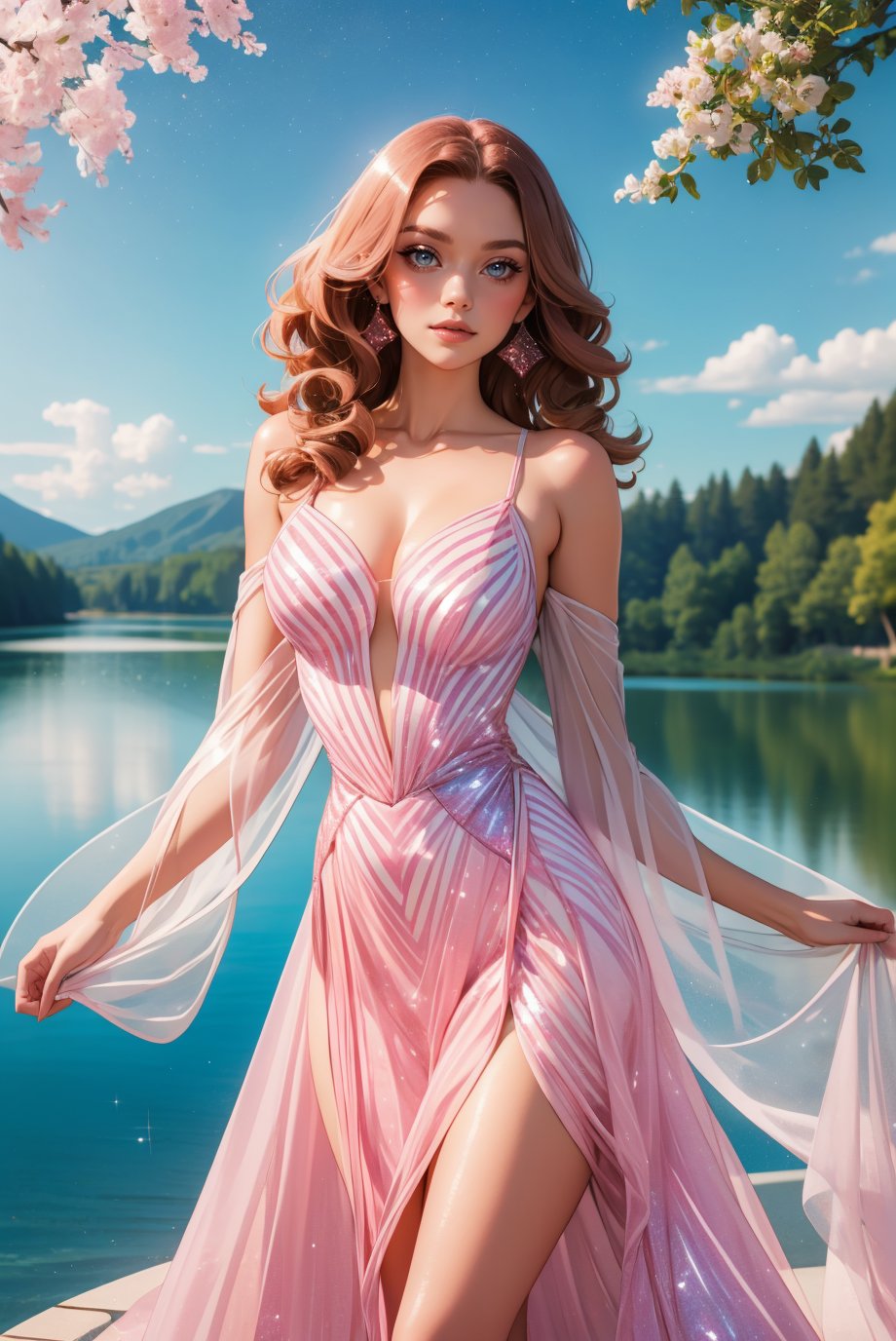 legs open, standing,  portrait photo, long ginger hair, p1nk_futur3,  sparkle dress,  glittery, <lora:p1nk_futur3-07:0.6>, best quality, high detail, high quality, high res, (lake background)