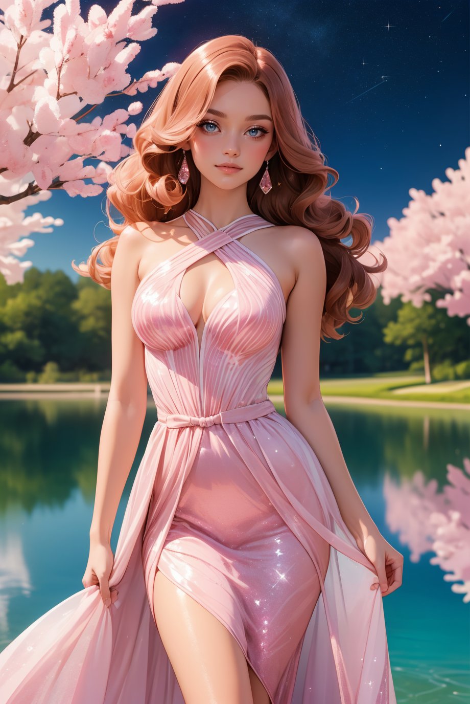 legs open, standing,  portrait photo, long ginger hair, p1nk_futur3,  sparkle dress,  glittery, <lora:p1nk_futur3-07:0.6>, best quality, high detail, high quality, high res, (lake background)