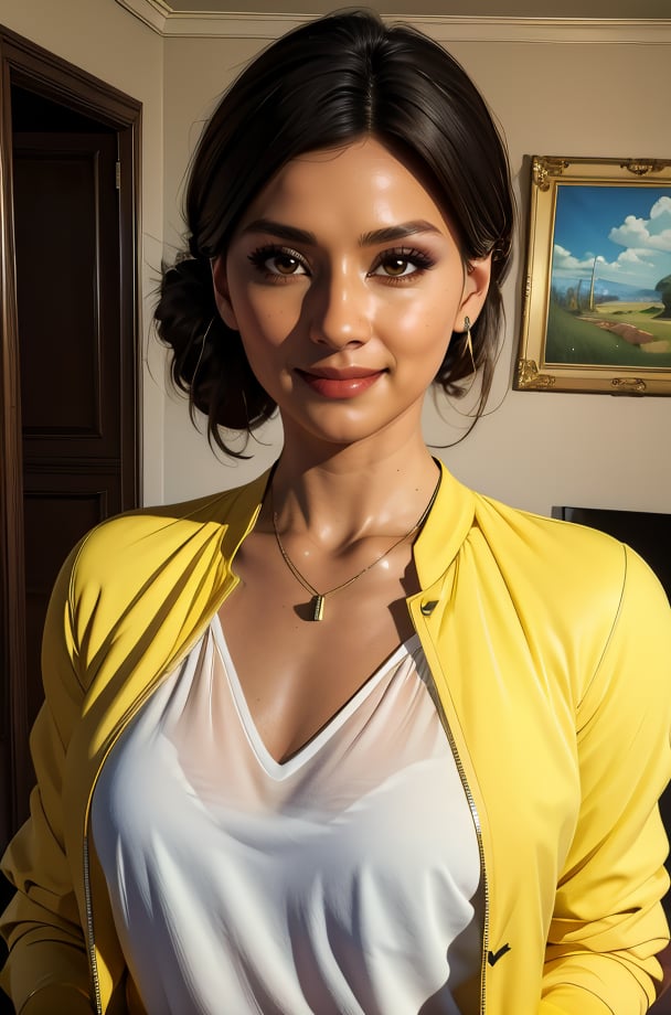 riomorales,brown eyes,black hair,hair bun,necklace,yellow jacket,white shirt,standing,upper body,smile,living room,(insanely detailed, masterpiece, best quality),solo,<lora:riomorales:0.8>,