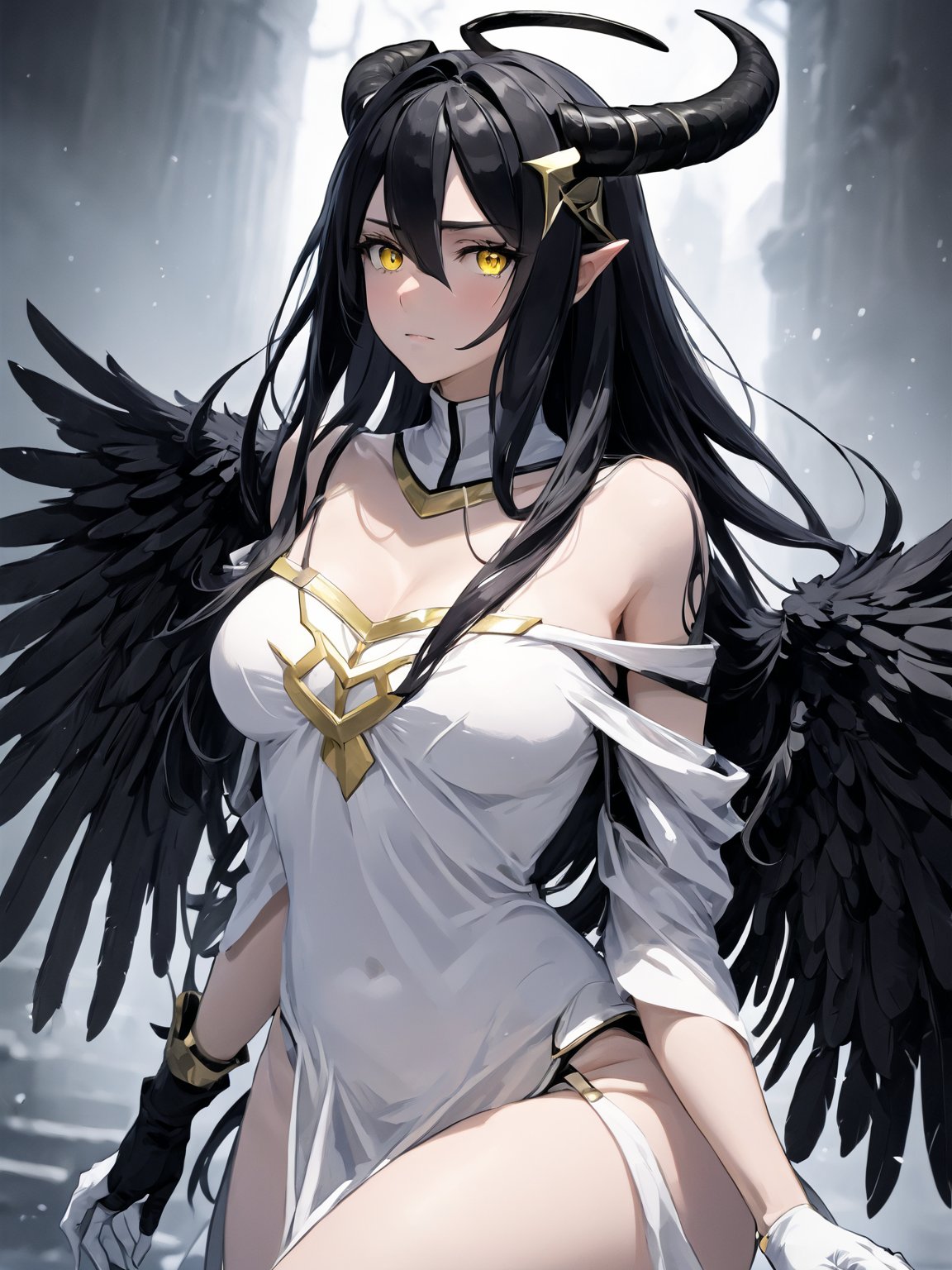 //Quality,
masterpiece, best quality, detailed
,//Character,
1girl, solo
,//Fashion,
,//Background,
,//Others,
,albedo \(overlord\), 1girl, long hair, black hair, hair between eyes, yellow eyes, horns, ahoge, white gloves, white dress, bare shoulders, detached collar, cleavage, slit pupils, black wings, feathered wings, low wings