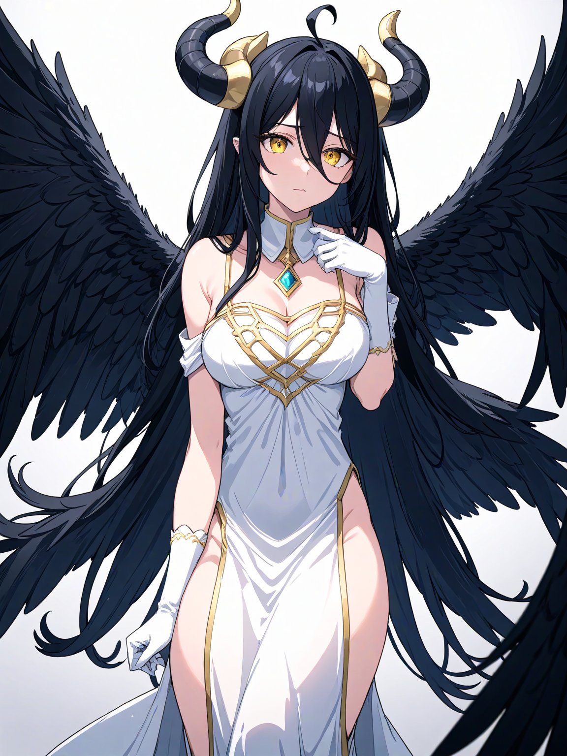 //Quality,
masterpiece, best quality, detailed
,//Character,
1girl, solo
,//Fashion,
,//Background,
,//Others,
,albedo \(overlord\), 1girl, long hair, black hair, hair between eyes, yellow eyes, horns, ahoge, white gloves, white dress, bare shoulders, detached collar, cleavage, slit pupils, black wings, feathered wings, low wings,,<lora:659095807385103906:1.0>