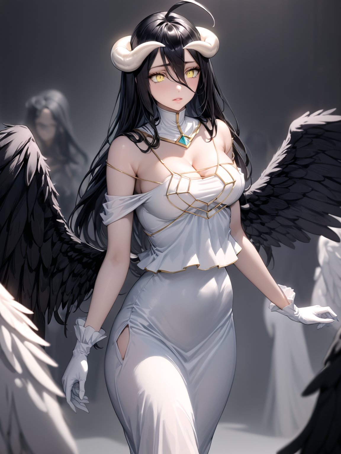 //Quality,
masterpiece, best quality, detailed
,//Character,
1girl, solo
,//Fashion,
,//Background,
,//Others,
,albedo \(overlord\), 1girl, long hair, black hair, hair between eyes, yellow eyes, horns, ahoge, white gloves, white dress, bare shoulders, detached collar, cleavage, slit pupils, black wings, feathered wings, low wings